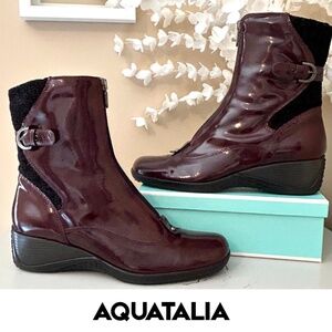 AQUATALIA  Waterproof Burgundy Patent Leather Short Boots Size 8.5